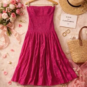 Diane Von Furstenberg Strapless Drop Waist Dress Magenta Pink Smocked Bodice Mid